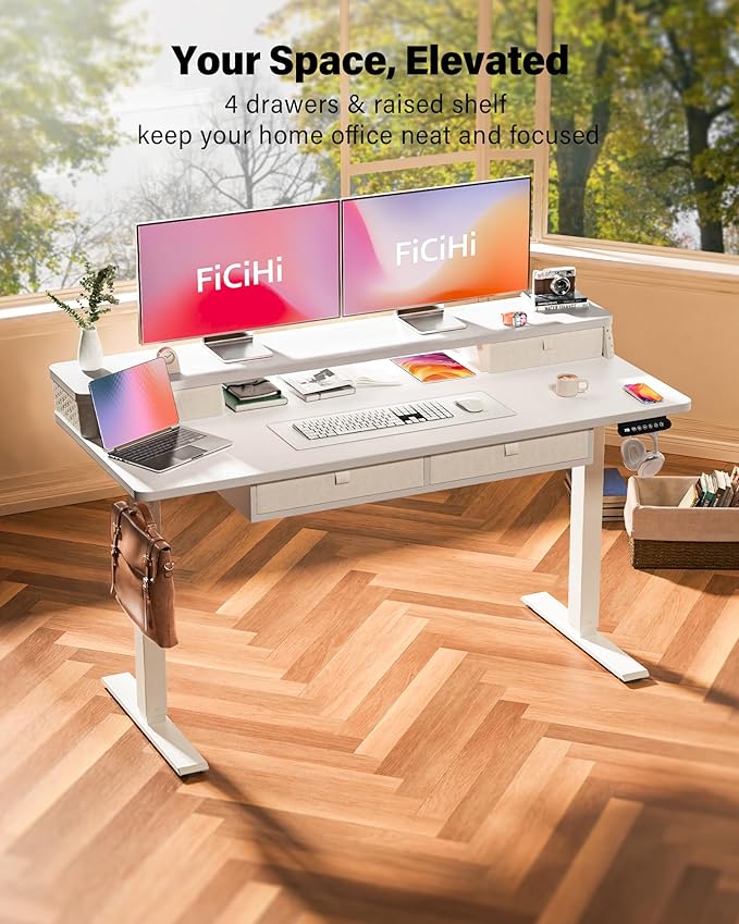 FiCiHi Adjustable Height Standing Desk with 4 Drawers,55 x 24 inches Electric Sit Stand Home Office Desk with Two Tiers, 3 Memory Presets, Monitor Stand Riser, C-Clamp Mount Compatible