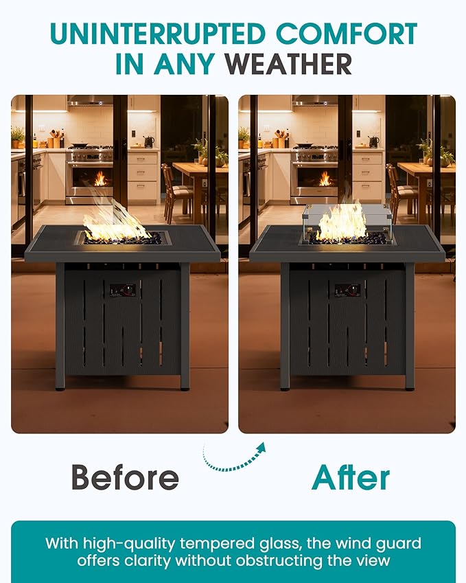 SERWALL 33" Outdoor Fire Pit Table, 50,000 BTU Square Propane Fire Pit Table with Lid, Glass Rock & Glass Wind Guard, HDPE Outdoor Furniture for Patio, Garden, Backyard, Black