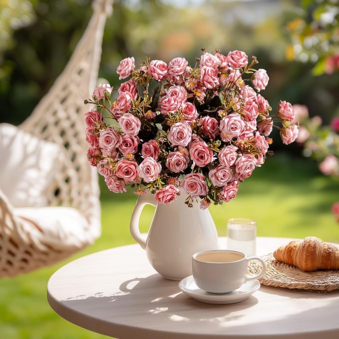 Artificial Rose Flowers for Outdoor 4 Bundles Rose Bouquet with Daisy Faux Flowers UV Resistant for Home Indoor Outside Garden Porch Window Box Balcony Yard Porch Fall Decor (Pink)