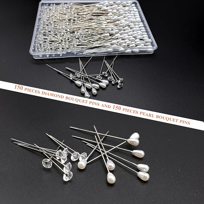 300Pcs Corsage Bouquet Pins Including 150Pcs 1.5 Inch Diamond Pins and 150Pcs 2.1 Inch Pearl Pins for Bouquets, Flower Pins for Sewing Straight Pins for Floral Wedding Decoration DIY Craft Sewing Pins