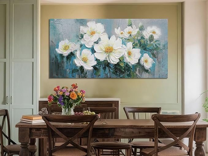 Ardemy White Floral Canvas Wall Art Extra Large Teal Textured Pictures Wall Decor Turquoise Paintings Artwork for Living Room Bedroom Home Office, 58"x29"