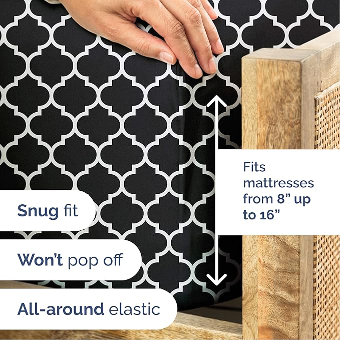 Black Geometric Bed Sheets - 1 Flat & 1 Fitted Sheet & 1 Pillowcase w/ Deep Pockets – Wrinkle & Fade Free- Ultra-Soft, Breathable and Cooling - Luxury Moroccan Bed Set – Twin Size - Black Quatrefoil