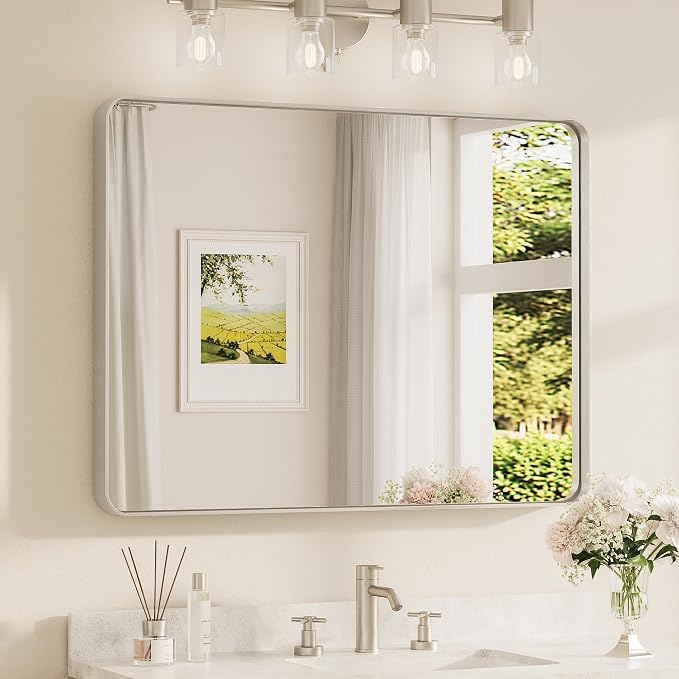 TETOTE Brushed Nickel Mirror 40 x 30 Inch for Bathroom Over Sink Metal Framed Mirror Modern Farmhouse for Living Room Entryway(Horizontal/Vertical)