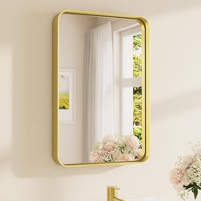 TETOTE 16 x 24 Inch Brushed Gold Frame Mirror, Brass Gold Bathroom Vanity Mirror for Wall, 2 Inch Thick Modern Round Corner Rectangle Framed Mirror (Horizontal/Vertical)