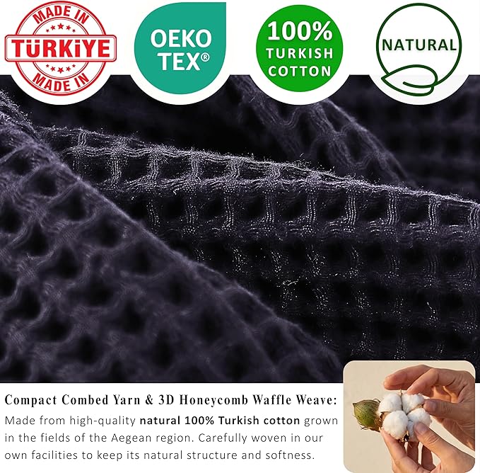 PÜSKÜL 4-Piece Natural 100% Turkish Cotton Luxury Waffle Towels for Bathroom | Premium Quality Honeycomb Weave 2 Hand Towel & 2 Bath Towel Set | Soft Absorbent Quick-Dry Lightweight Towels (Black)