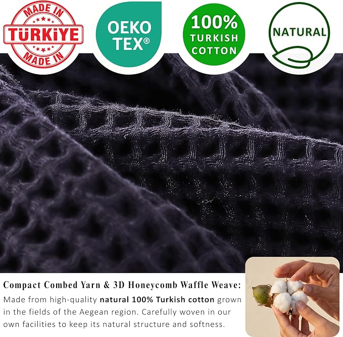 PÜSKÜL Natural 100% Turkish Cotton Black Waffle Bath Towels Set of 2-Piece | 32x63 Extra Large Absorbent Quick-Dry Lightweight Spa Towel | Decorative Bathroom Towel (Black Bath Towels - Pack of 2)
