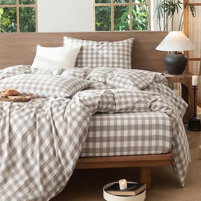 MooMee Gingham Duvet Cover Set 100% Washed Cotton Linen Like Textured Breathable Durable Soft Comfy Modern Checkered Design (Buffalo Plaid Tannish Linen Grey, Twin 68"x90")