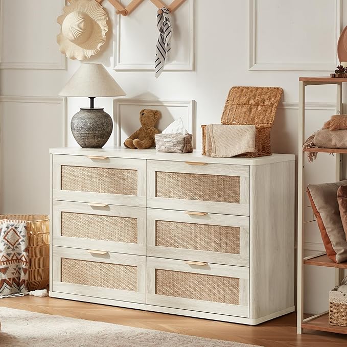 LEYAOYAO Rattan Dresser for Bedroom Set of 2, Boho 48" Wide White Dresser Chest of Drawers, Dressers TV Stand with Metal Handle, Storage Dressers Closet Organizer for Living Room, Hallway