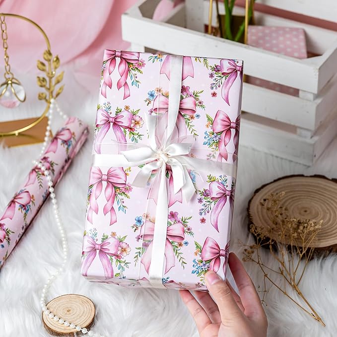 Burymento Pink Bow Flower Wrapping Paper, Reversible Wave Point Gift Wrap for Birthday, Valentines, Mothers day, Graduation, Wedding, Fathers day, Baby Shower, Christmas (17in x 16.4ft)