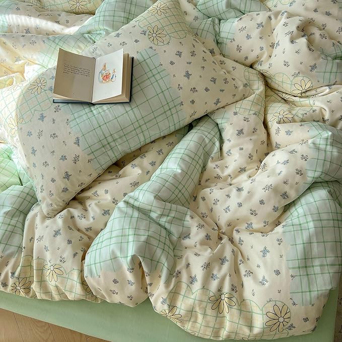 LifeTB 100% Cotton Muslin Duvet Cover Twin Aesthetic Floral Comforter Cover with Botanical Flower Cute Plaid Design Ultra Soft Cottagecore Bedding Set Breathable Gauze Duvet Cover with 2 Pillowcases