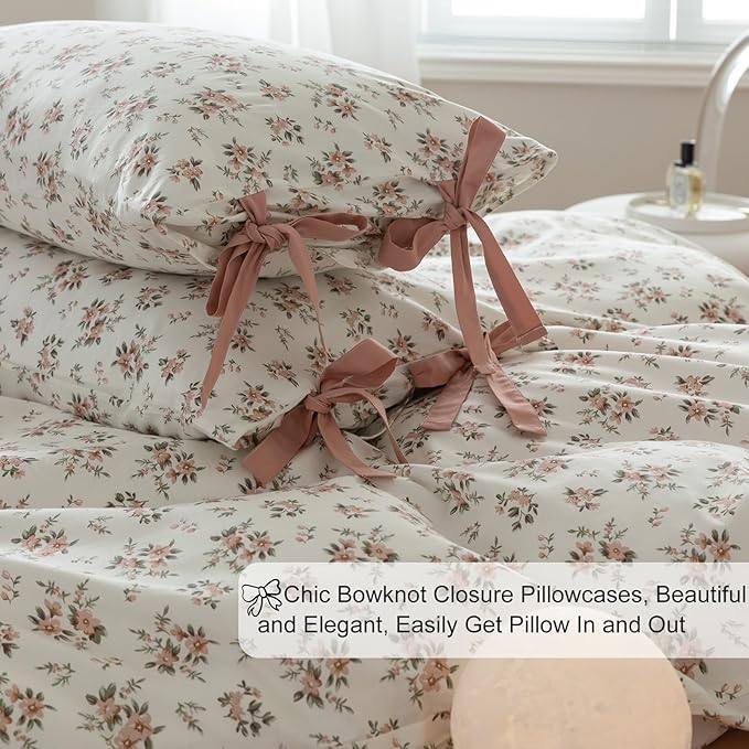 EAVD Vintage Style Garden Pink Floral Duvet Cover Full White Soft Cotton Chic Shabby Pink Floral Bedding Set with 2 Pillowcases Reversible Fresh Botanical Duvet Cover with Zipper Closure
