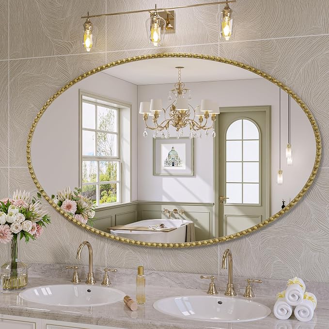 Gold Oval Bathroom Mirror, 48x30 Inch Floral Oval Mirrors for Wall, Antique Gold Metal Floral Frame Mirrors for Bedroom Living Room Hallway, Hangs Horizontally or Vertically