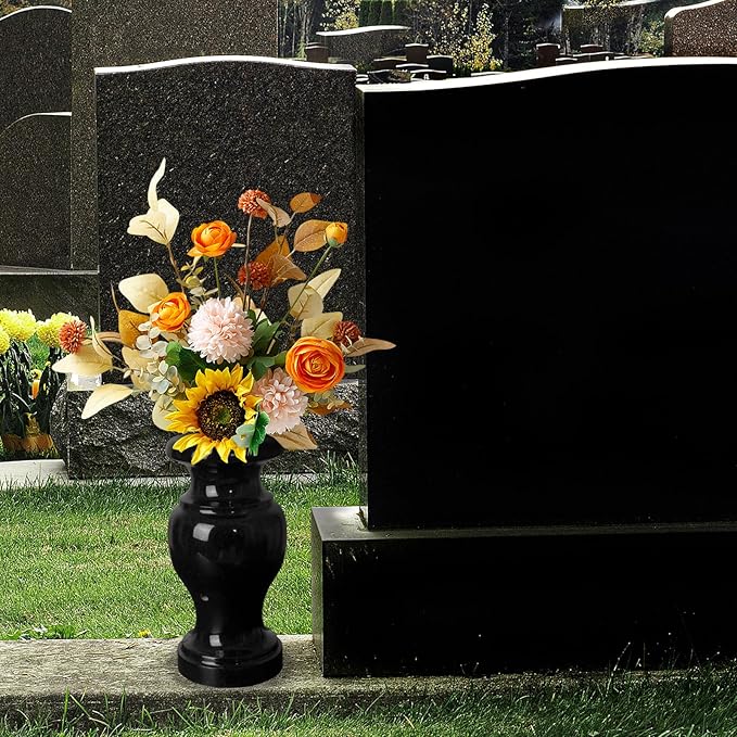 Cemetery Vase, Turned Granite Vase Polished, Black Memorial Stone Vases with Draining Holes for Home Tabletop, Cemetery Flowers, Grave Headstone Decorations (2Pcs, Black)