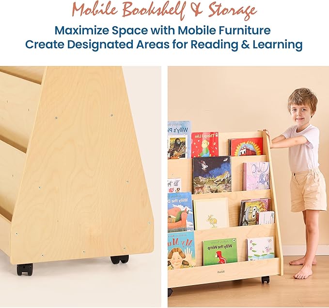 4-Tier Kids Bookshelf, Double-Sided Book Shelf for Kids Rooms, Toddler Book Rack Organizer with Wheels, Wooden Montessori Bookshelf & Book Storage Display for Classroom, Preschool, Nursery