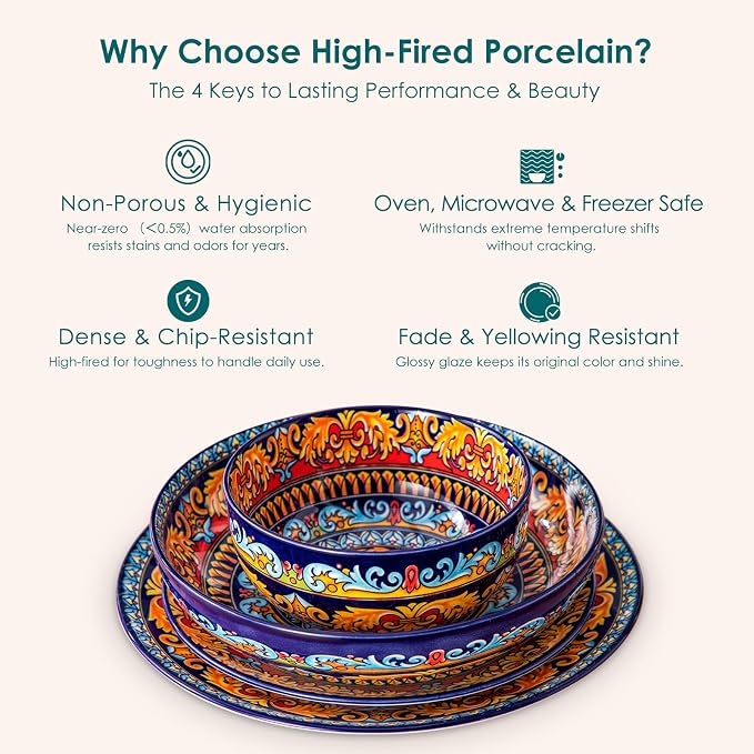 vancasso 24-Piece Dinnerware Sets,Plates & Bowls Sets Service for 6, Bohemian Porcelain Dishes Set for 6, Kitchen Dinner Set,Microwave & Dishwasher Safe, Scratch Resistant,Series KRVI