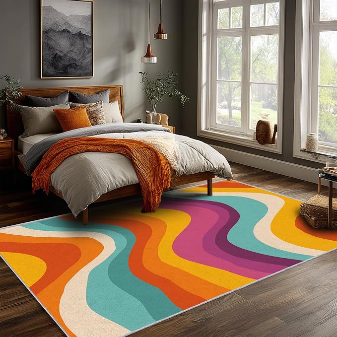Retro 70s Area Rug 3x5, Mid Century Modern Abstract Wavy Carpet, Colorful Rainbow Swirl Rug for Living Room Bedroom Office, Non-Slip Washable Indoor Floor Mat