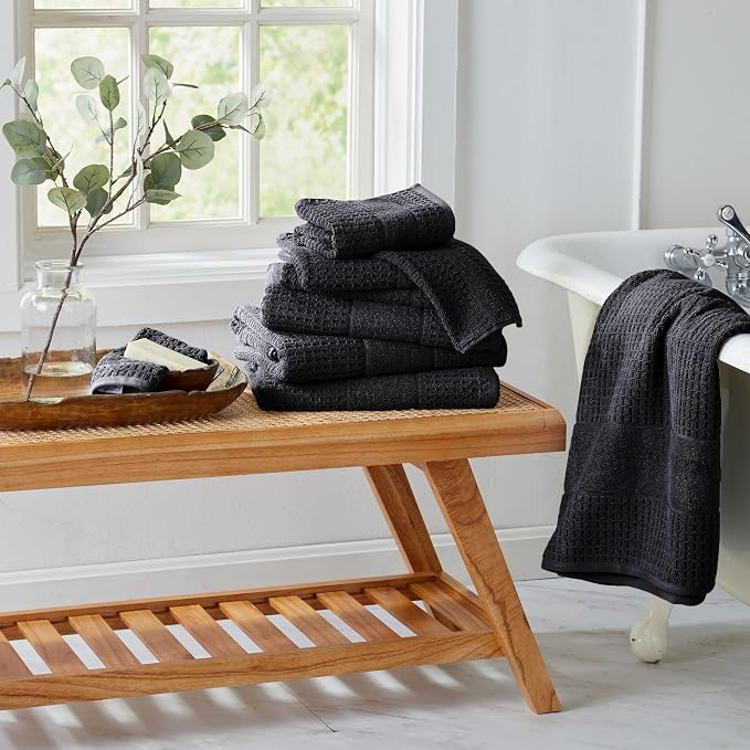 Market & Place 100% Cotton Super Soft Luxury Hand Towel Set | Quick-Dry and Highly Absorbent | Waffle Textured | 550 GSM | Includes 6 Hand Towels | Harper Collection (Black)