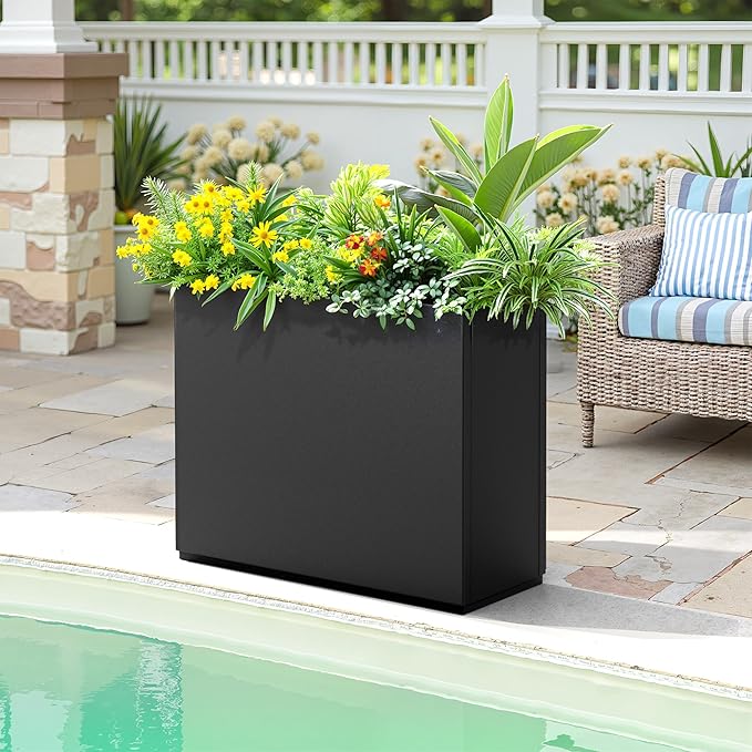 Metal Planter Box Rectangular Planter Box with Drainage Hole, Outdoor Large Planters, All-Weather Use, Rust-Resistance, for Flowers Plants, 29.9" L × 12" W × 24" H, Black