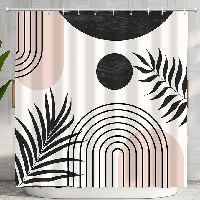 Mid Century Abstract Boho Aesthetic Shower Curtain Set, Green Nature Leaf Sun Modern Minimalist Home Bathroom Curtain Decor with 12 Hooks 72 Inch Wide * 84 Inch High