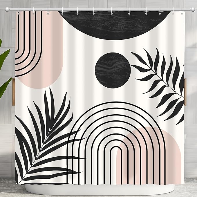 Mid Century Abstract Boho Aesthetic Shower Curtain Set, Green Nature Leaf Sun Modern Minimalist Home Bathroom Curtain Decor with 12 Hooks 72 Inch Wide * 72 Inch High