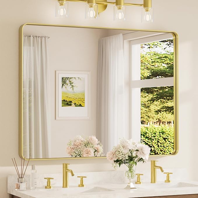 TETOTE 48 x 36 Inch Gold Bathroom Mirror, Champagne Gold Brushed Metal Framed Modern Vanity Mirror, Brushed Brass Rectangle Decorative Wall Mirrors Shatterproof (Horizontal/Vertical)