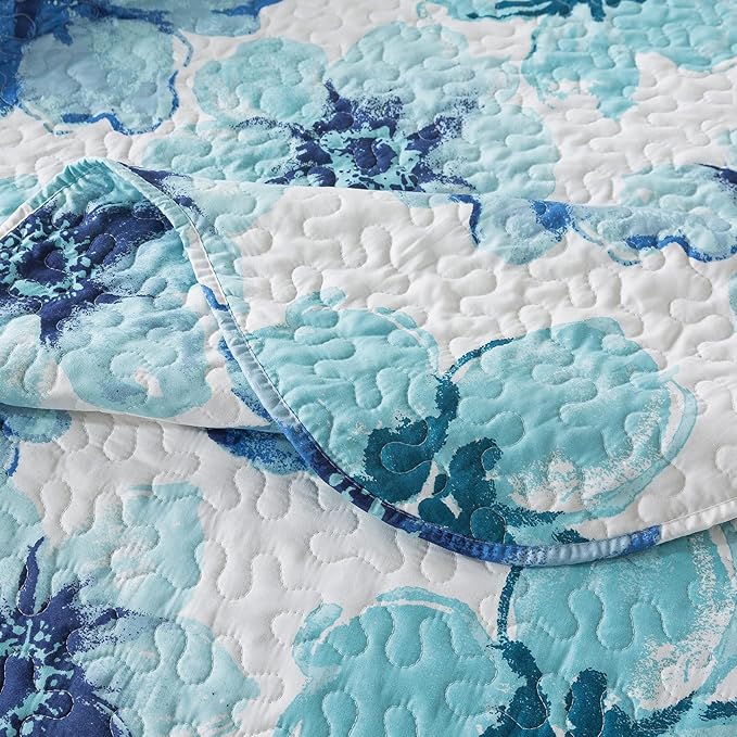 HoneiLife Quilt Sets King Size - 3 Piece Microfiber Quilts Reversible Bedspreads Print Coverlets Floral Bedding Set All Season Bedcover- Splash-Ink Painting,Blue & Cyan