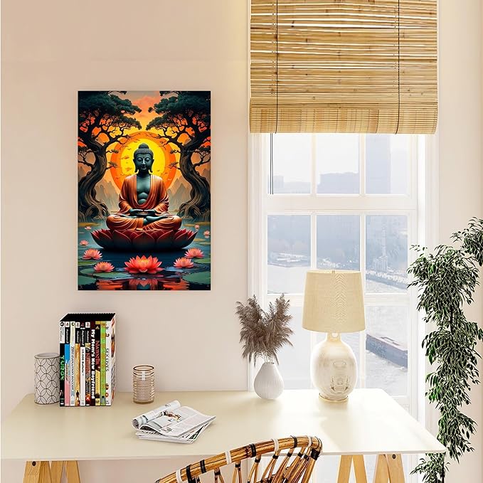 Canvas wall art Golden Buddha on lotus at sunset Ancient trees with reflections on water Serene meditation scene Uplifting wall art for mindfulness and tranquil home decor 20x30in Frameless