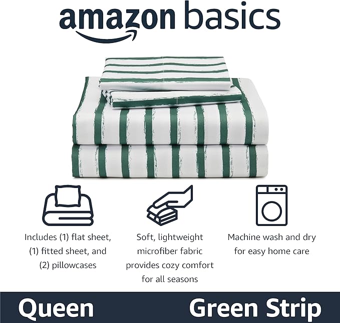Amazon Basics Microfiber Kids' Sheet Set with Pillowcase, 4 Piece, Green Stripes, Queen