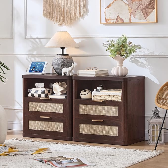 LEYAOYAO Rattan Nightstands with Charger Station, 23" Wide Boho Night Stand with 2 Drawers, Bedside Table Open Shlef, Bed Side End Table Dresser for Bedroom, Living Room Hallway, Walnut
