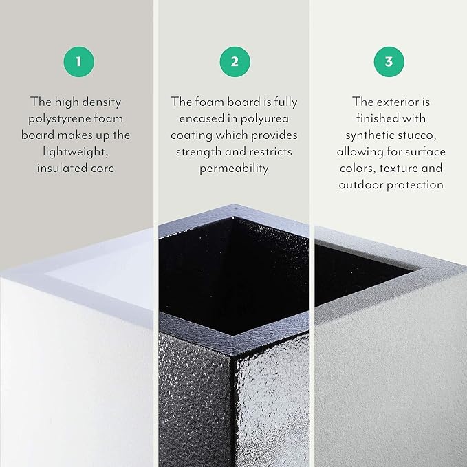 PolyStone Monterray Modern Outdoor/Indoor Square Planter, 23" L x 23" W x 19" H, Lightweight, Heavy Duty, Weather Resistant, Polymer Finish, Commercial Grade and Residential (White)