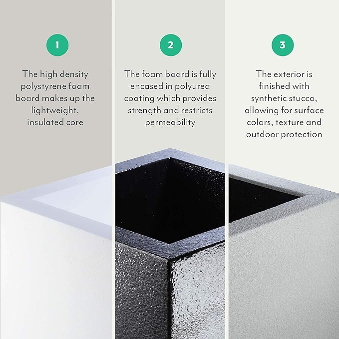 PolyStone Monterray Modern Outdoor/Indoor Square Planter, 23" L x 23" W x 19" H, Lightweight, Heavy Duty, Weather Resistant, Polymer Finish, Commercial Grade and Residential (Sandstone Granite)