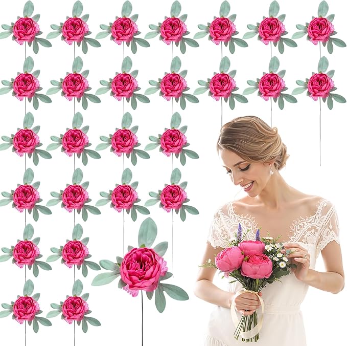 Zeyune 50Pcs Wedding Artificial Peonies 4Inch Fake Silk Peony Faux Peonies Artificial Valentine Flowers Bulk Rose Flowers Heads for Valentine Decoration Vintage Wedding Home Office(Hot Pink)