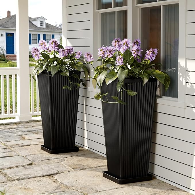 Square Tall Planters for Outdoor Plants Set of 2-23.6" Modern Tapered Indoor Flower Pots with Drainage Holes/Partition/Tray, Large Outdoor Planters for Porch Patio Garden Front Porch, Black