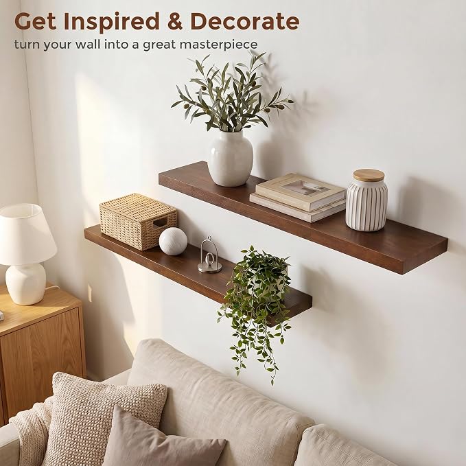 fuqing 40 Inch Floating Shelves | 6.7 Inch Deep Dark Wood Floating Shelves for Wall Set of 2 | 40''W x 6.7''D x 1.4''H Dark Wood Shelves for Living Room Bathroom Bedroom Kitchen Home Office