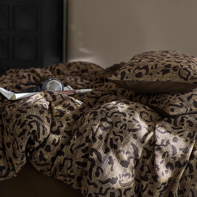 mixinni Leopard Duvet Cover Twin XL Size Yarn-Dyed Leopard Print Jacquard Cotton Duvet Cover Set-Vintage Floral Pattern Bedding Set with Pillowcases Perfect for Him and Her-(Twin XL Size, Brown)