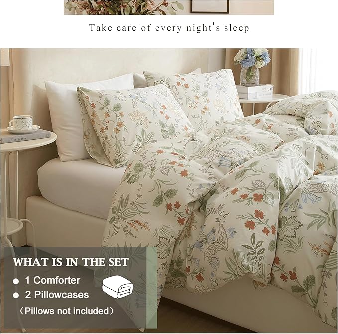 VM VOUGEMARKET Twin XL Comforter Set Green Flower Botanical Bedding Comforter with 2 Pillowcases,All Season Fluffy Soft & Lightweight Comforter for Teen Girls 68"x90"
