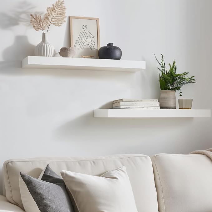 White Floating Shelves for Wall-24in Wall Mounted Display Ledge Shelves Perfect for Bedroom Bathroom Living Room and Kitchen Decoration Storage (Set of 2)