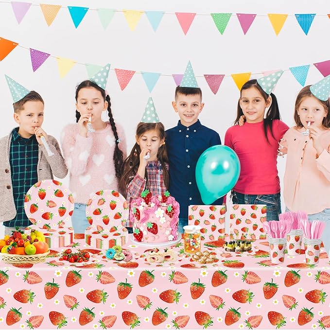 3 Pack Strawberry Tablecloths Strawberry Birthday Plastic Table Cover for Berry First Birthday Decor Baby Shower Party Decorations, 54 x 108 Inch
