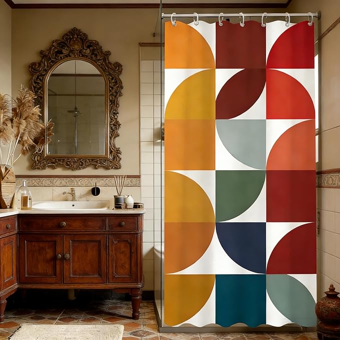 Colorful Mid Century Modern Shower Curtain, Boho Abstract Geometric Retro Art Shower Curtains for Bathroom, Rainbow Unique Cute Pattern Polyester Fabric Bathroom Set 12 Hooks 36X72IN