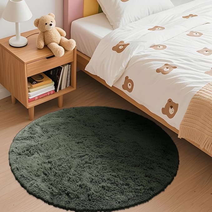 OLANLY Olive Green Round Rugs for Bedroom - Machine Washable, 3 ft Circle Area Rugs for Living Room, Soft and Fluffy Shaggy Carpet for Teen Girl and Boys, Nursery Rooms, Dorms, Home Decor Aesthetic