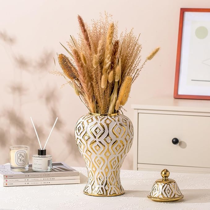 White and Gold Vase with Lid, Ginger Jars for Home Decor, Ceramic Flower Vase for Home, Kitchen, Bookshelf Decor, Storage jar, Table Center Vase, Centerpieces Jarrones(14.57in)