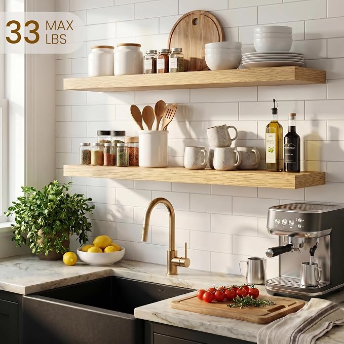Dreamland Floating Shelves for Wall, 27.5 Inch Long Shelves, Wall Decor for Bedroom, Kitchen, Living Room & Book Storage, Mounted Floating Shelf with Invisible Brackets, Set of 2, Oak