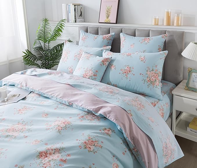 FADFAY Duvet Cover Set Queen Blue Rose Floral Bedding Rustic Peony Flower Comforter Cover Set Vintage Farmhouse Bedding 100% Cotton Ultra Soft Quilt Cover with Hidden Zipper Closure 3Pcs, Queen Size