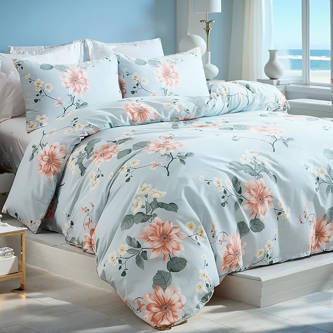 Blue Floral Duvet Cover King Size 100% Soft Cotton 3 Pieces French Country Chic Garden Style Luxury Blossom Floral Vibrant Pattern Reversible Flower Duvet Cover with Zipper Closure