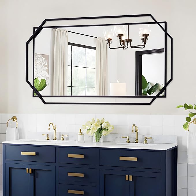 55"x28" Black Large Decorative Bathroom Wall Mirror for Wall with Metal Frame, Modern Octagonal Horizontal Mirror for Living Room, Bedroom, Entryway