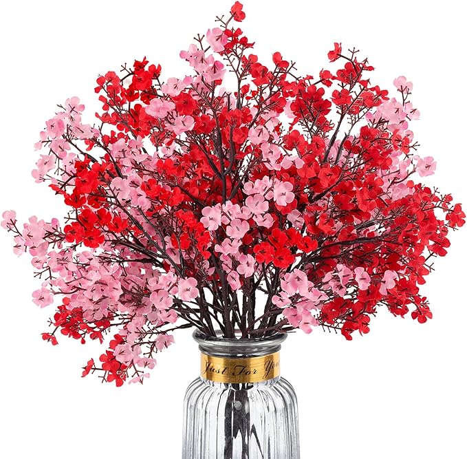 8Pcs Babys Breath Fake Artificial Flowers, Real Touch Red Pink Mix and Match Plants Silk Flowers for Vase Home Office Wedding Mother's Day Indoor Outdoor Centerpiece Table Party Decoration