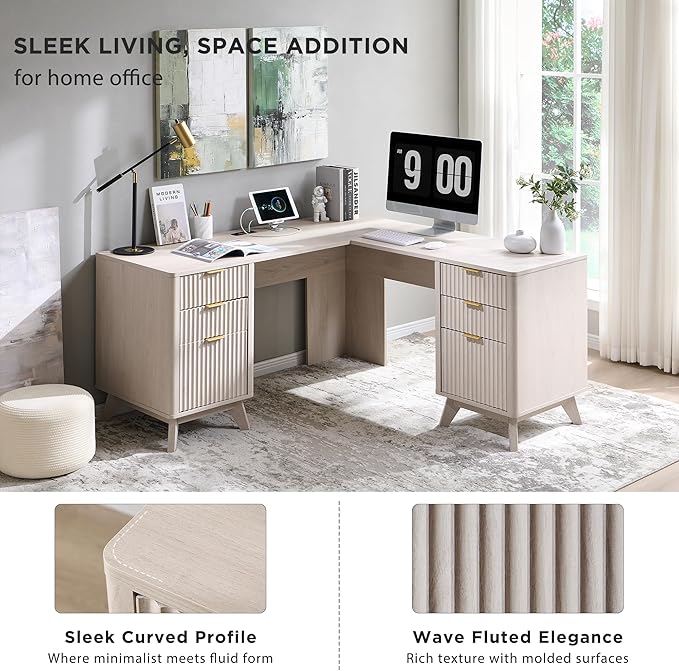 T4TREAM 60" Fluted Executive L Shaped Desk, Modern Home Office Desk with Charging Station and File Drawer, Computer Corner Desks with Drawers & Storage Cabinet for Office Home, Bedroom, Alder White