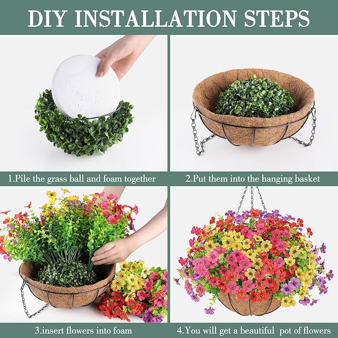 AGIRL Artificial Flowers Hanging Plants in Basket,Artificial Hanging Flowers for Outdoor Indoor Decor,UV Resistant Hanging Baskets with Fake Flowers for Patio Garden Porch Deck Decoration