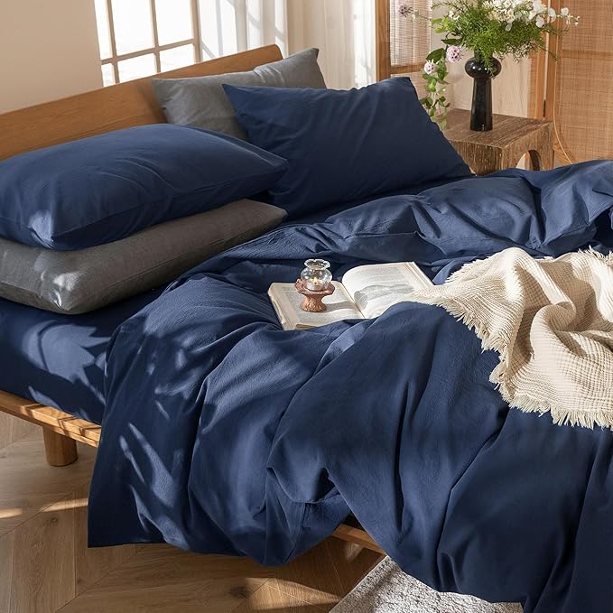 MooMee Bedding Duvet Cover Set 100% Washed Cotton Linen Like Textured Breathable Durable Soft Comfy (Solid Navy, Queen 90"x90")