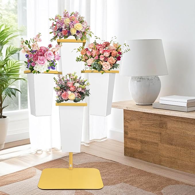 PROLEE Flower Display Stand with Buckets, Wedding Flower Cart Display Stand with Wheels,Flower Stand for Wedding Party, Events and Garden Decor (White)